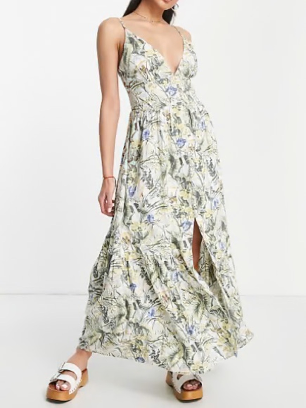 Abercrombie & Fitch Green Tropical Floral Plunge V-Neck Linen Maxi Dress